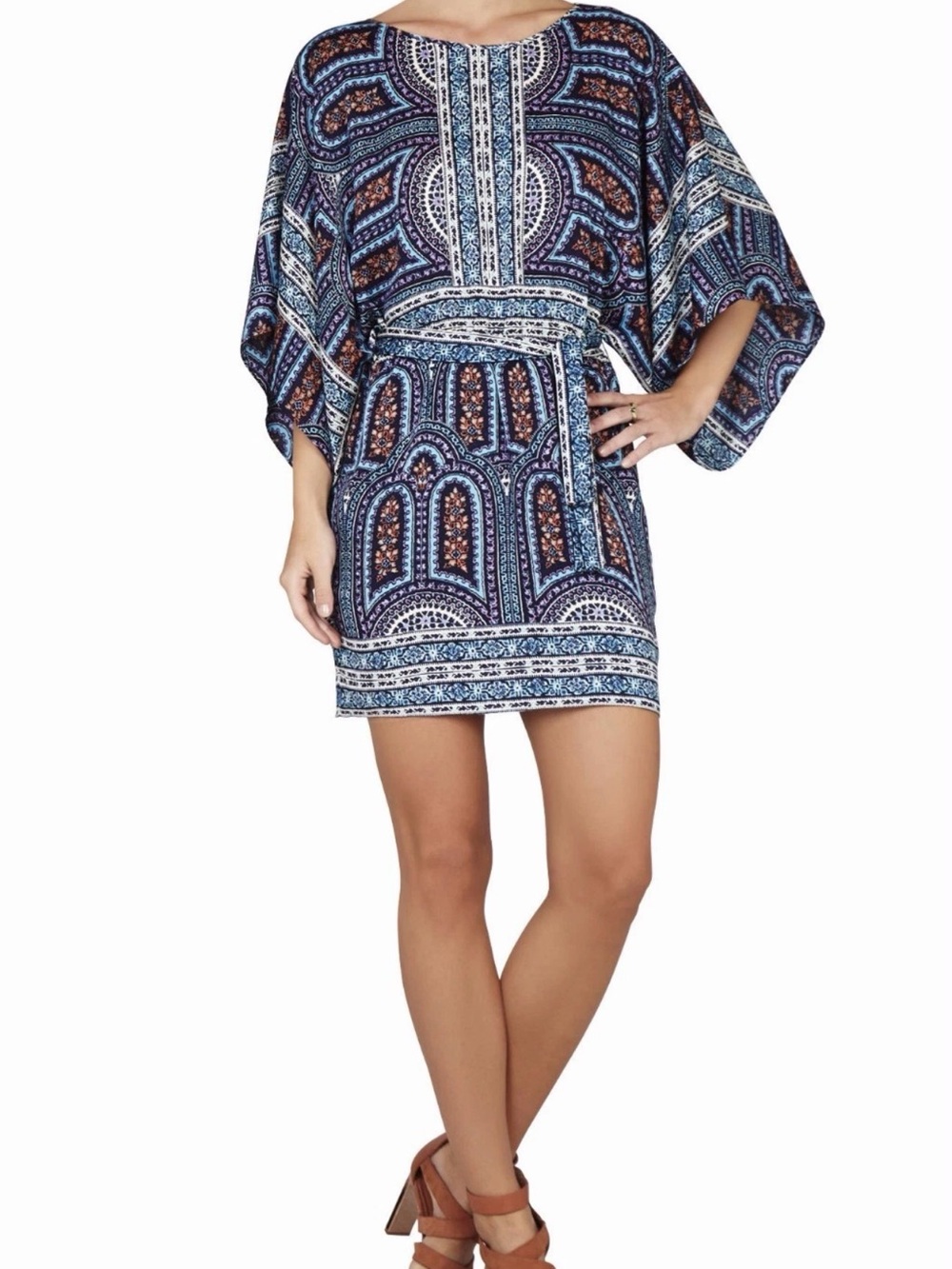 BCBGMAXAZRIA  Kimono Dress Paisley Boho somerset Coastal Printed Mini Blue Sz M